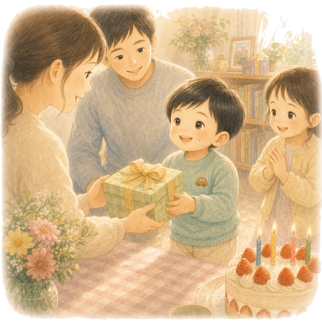 家族で誕生日プレゼントを渡すシーン