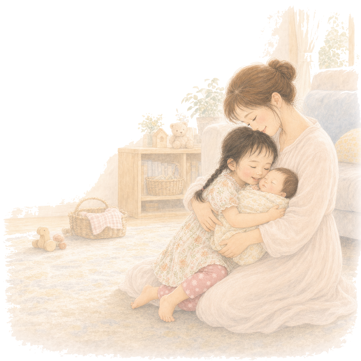 お母さんと赤ちゃんと上の子のシーン