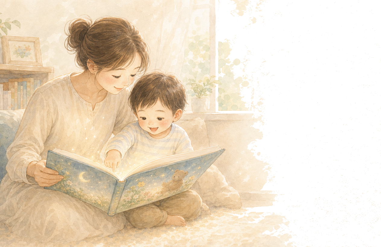 親子で絵本を読むシーン